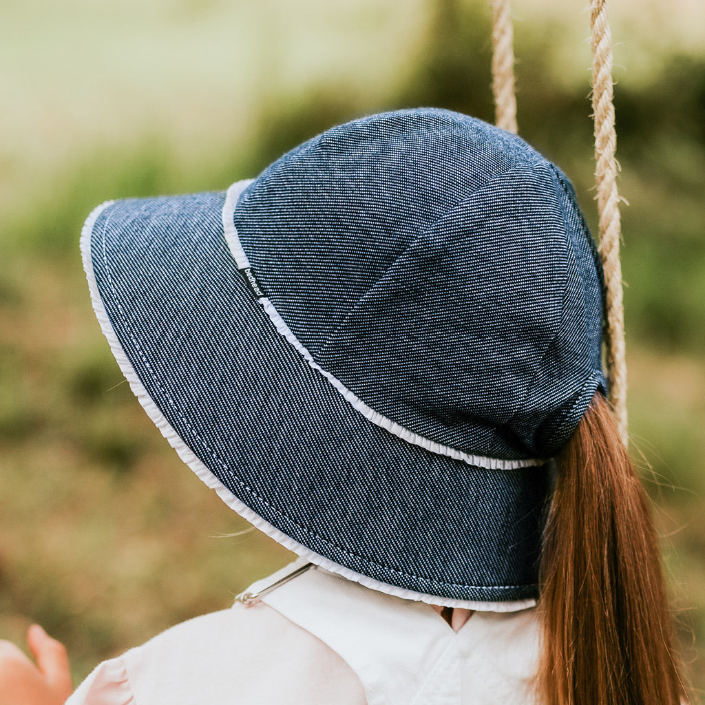 Ponytail Ruffle Denim Bucket Sunhat with Strap Bedhead Hats Adoreu Baby Shop Launceston Tasmania