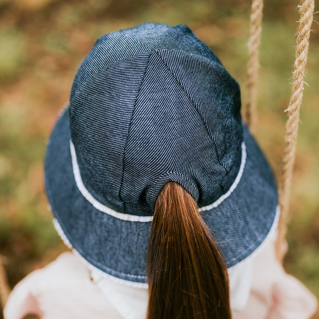 Ponytail Ruffle Denim Bucket Sunhat with Strap Bedhead Hats Adoreu Baby Shop Launceston Tasmania