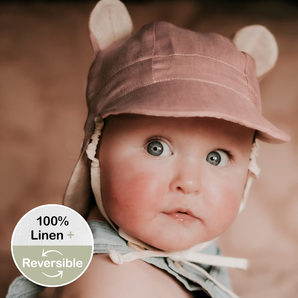 Roamer Baby Revesible Teddy Flap Sun Hat Rosa/Flax Adoreu Baby Shop Launceston Tasmania Bedhead Hats
