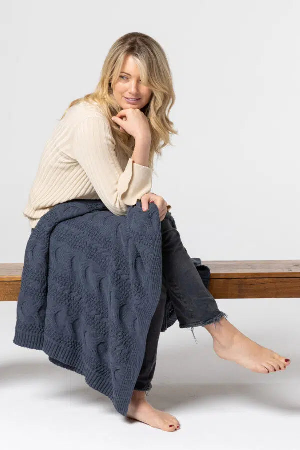 Cable Knit Throw Denim Blue Indus – adoreu baby Launceston