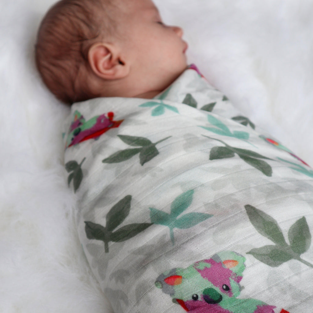 koala baby wrap organic cotton organic bamboo Australian animal print baby collection designed in tasmania